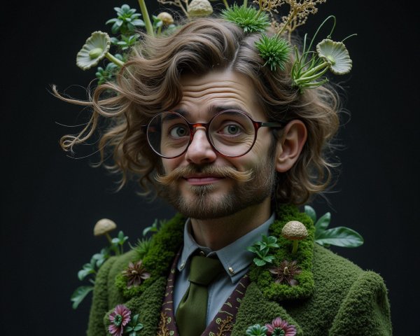 Whimsical figure with curly hair and botanical attire