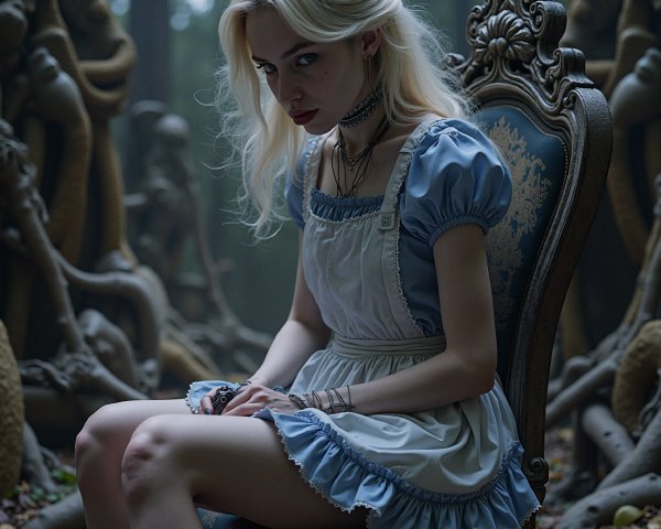 Young Woman in Vintage Dress in Mystical Forest Setting