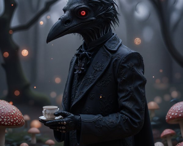 Mysterious Figure in Foggy Forest with Whimsical Mushrooms
