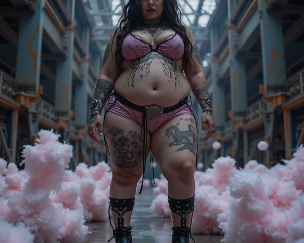 Confident Individual in Industrial Setting with Pink Clouds