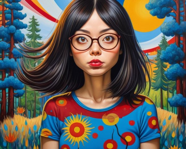 Young Woman in Blue T-Shirt in Whimsical Landscape