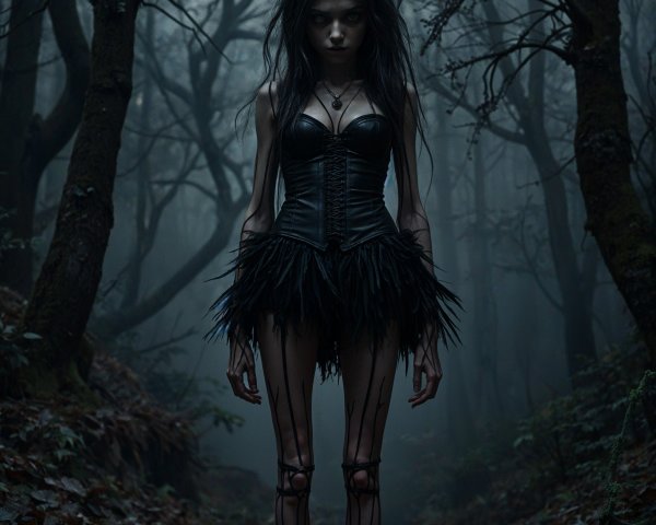 Enigmatic figure in a misty, eerie forest setting