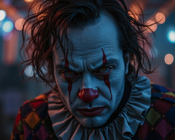 Sinister Clown with Piercing Eyes and Eerie Atmosphere