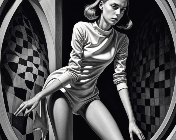 Black and White Illustration of Dynamic Female Figure