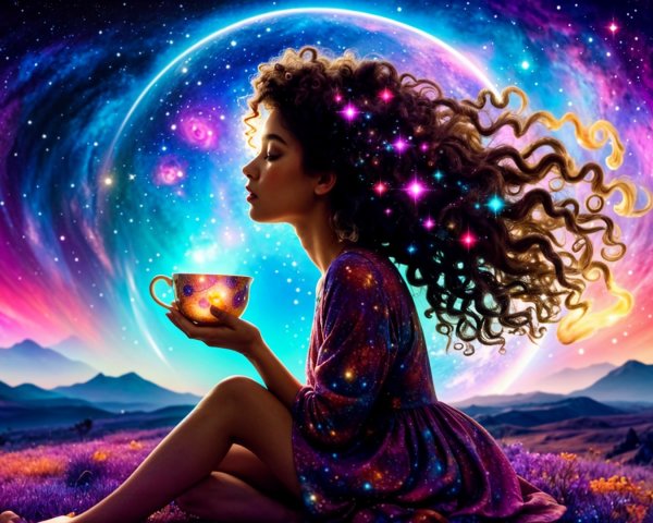 Young woman in cosmic landscape with glowing cup