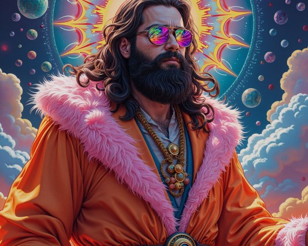 Man in Pink Robe Against Cosmic Backdrop