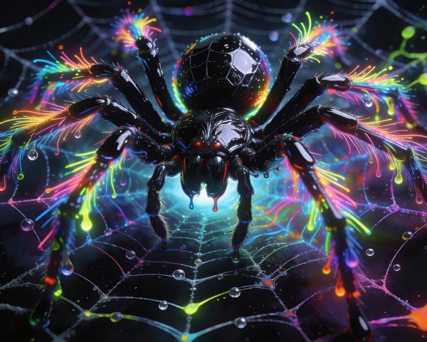 3D Render of Black Widow Spider on Web with Colors