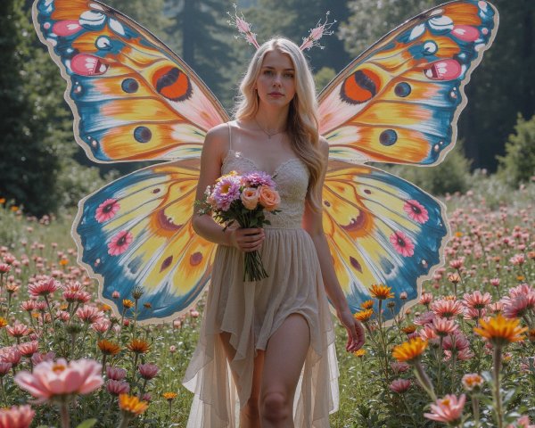 Young woman in flower field with butterfly wings