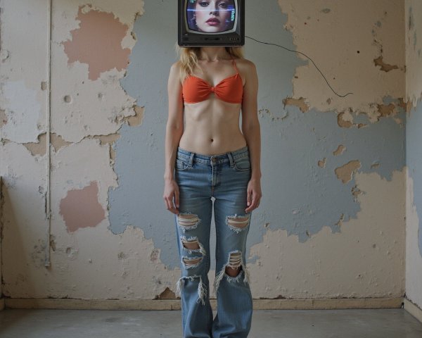 Woman with TV head in derelict room commentary