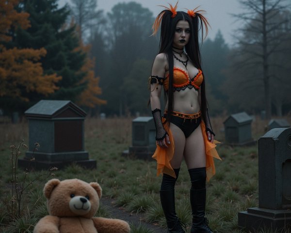 Misty Graveyard Scene with Colorful Figure and Teddy Bear