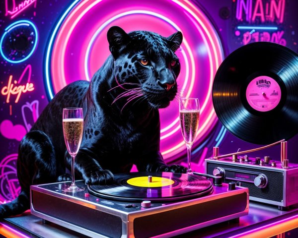 Black Panther and Vintage Turntable in Neon Setting