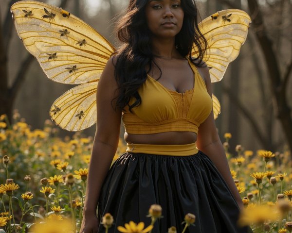 Woman in Meadow with Butterfly Wings and Flowers