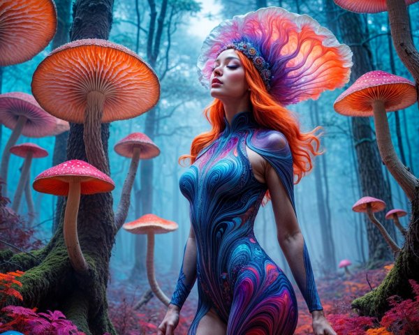 Surreal Forest with Vibrant Body Art and Glowing Mushrooms