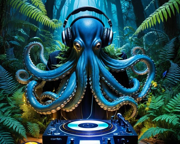 Octopus DJing in a Mystical Forest Setting