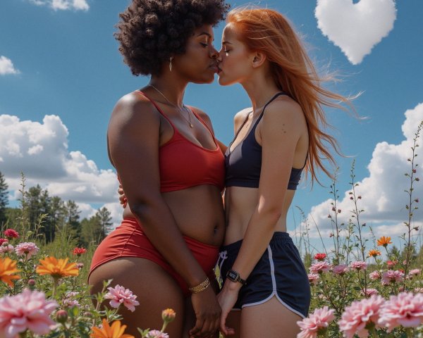 Women with curly and long red hair in a flower field