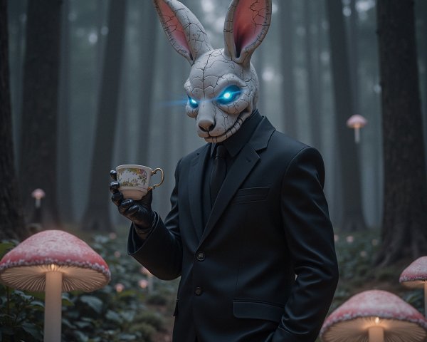 Mysterious Forest Scene with Rabbit Mask and Mushrooms