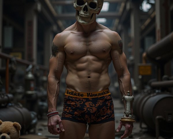 Surreal Industrial Scene with Skull Figure and Teddy Bear