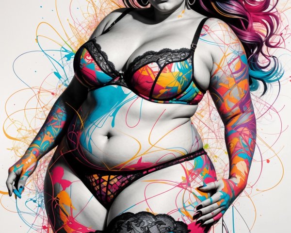 Plus-Size Model in Colorful Bra with Abstract Paint