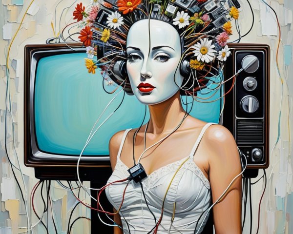 Woman with Floral Hair and Vintage Technology Elements
