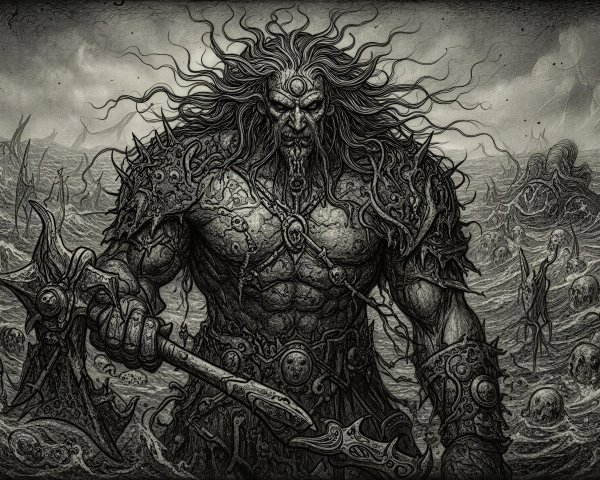 Charcoal Drawing of a Giant in a Stormy Sea