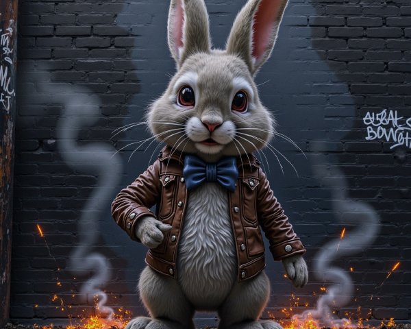 Cartoon Rabbit in Leather Jacket Against Brick Wall