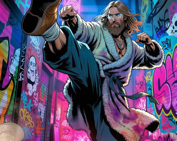 Jesus-like figure in bathrobe performing a high kick