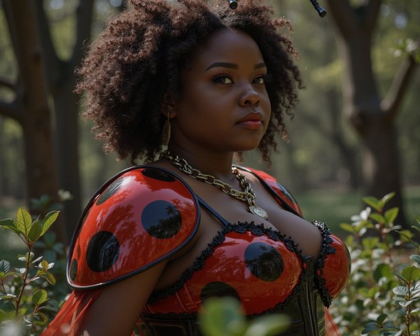 Confident Woman in Ladybug-Inspired Fashion Outfit