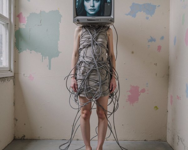 Surreal Figure with TV Head in Minimalist Room