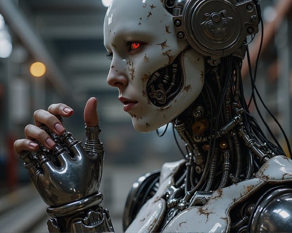 Futuristic humanoid robot in industrial post-apocalyptic setting