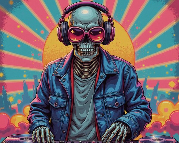 Stylized skeleton DJ with vibrant sunburst background