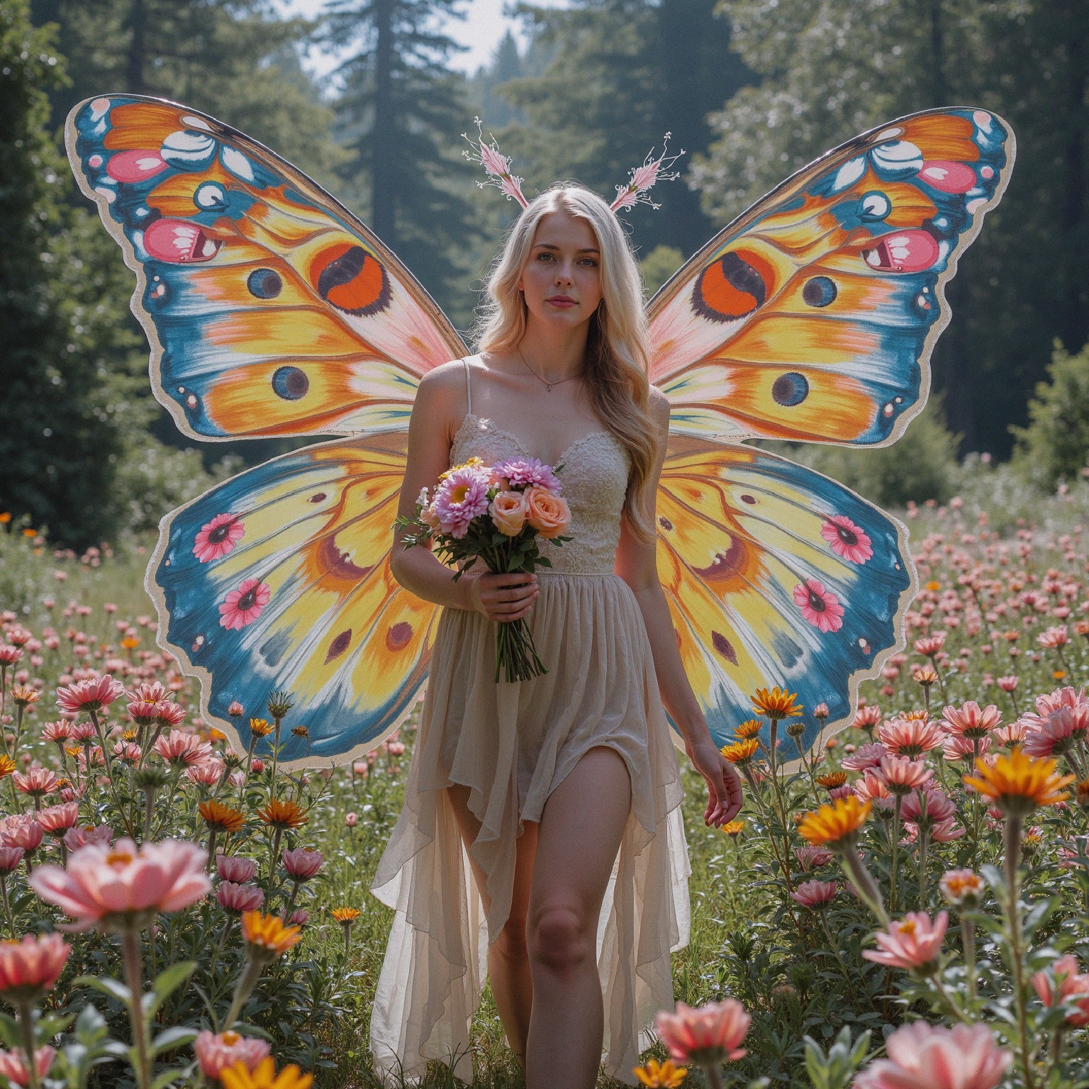 Young woman in flower field with butterfly wings