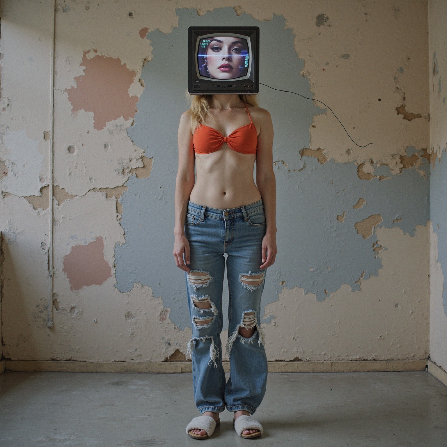Woman with TV head in derelict room commentary