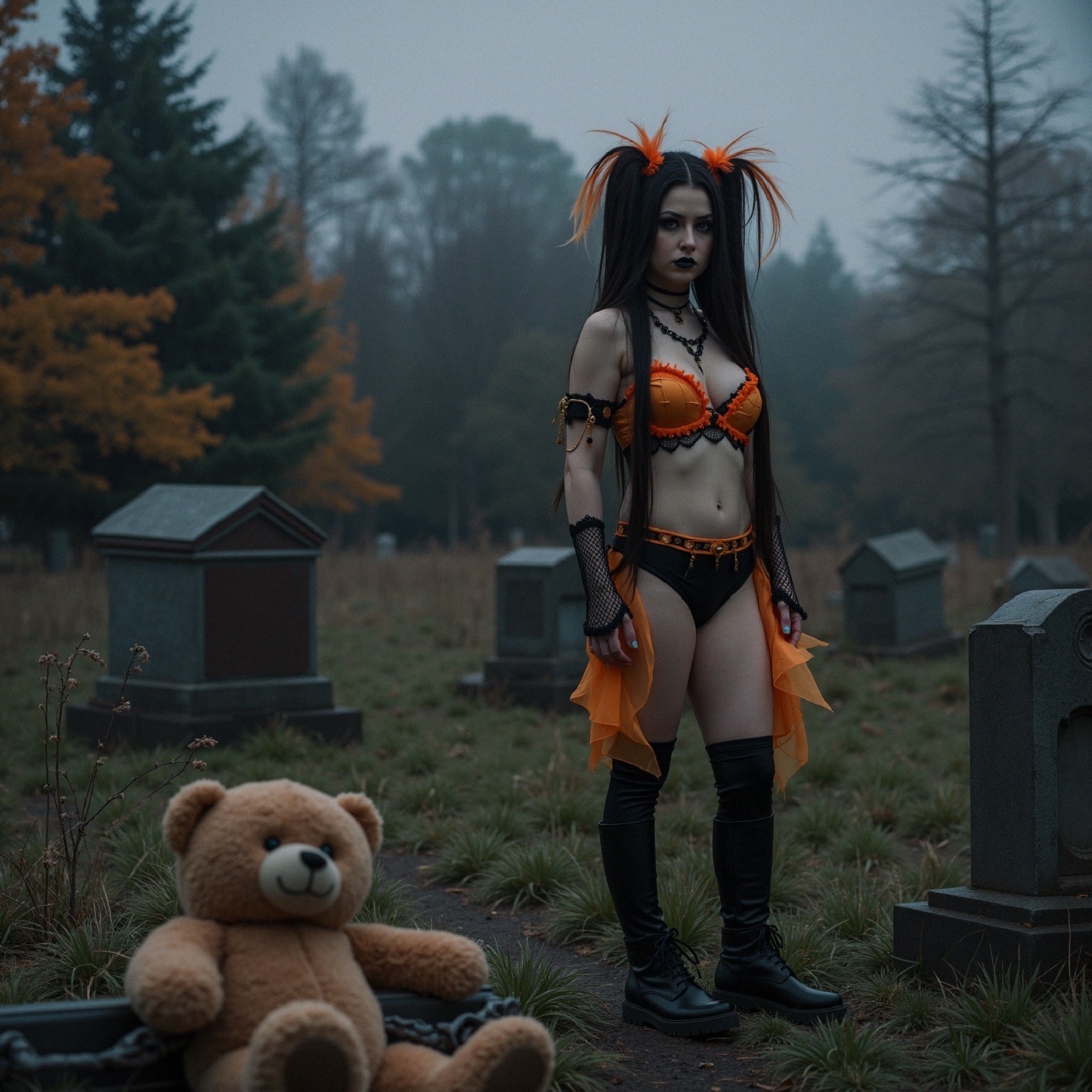 Misty Graveyard Scene with Colorful Figure and Teddy Bear