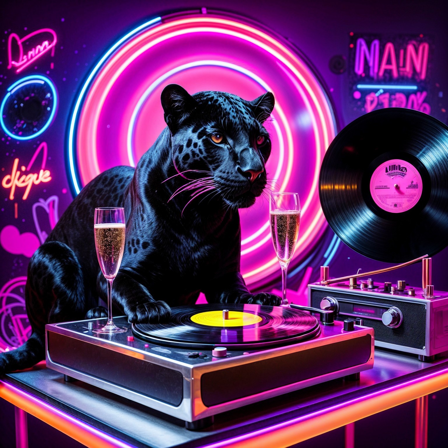 Black Panther and Vintage Turntable in Neon Setting
