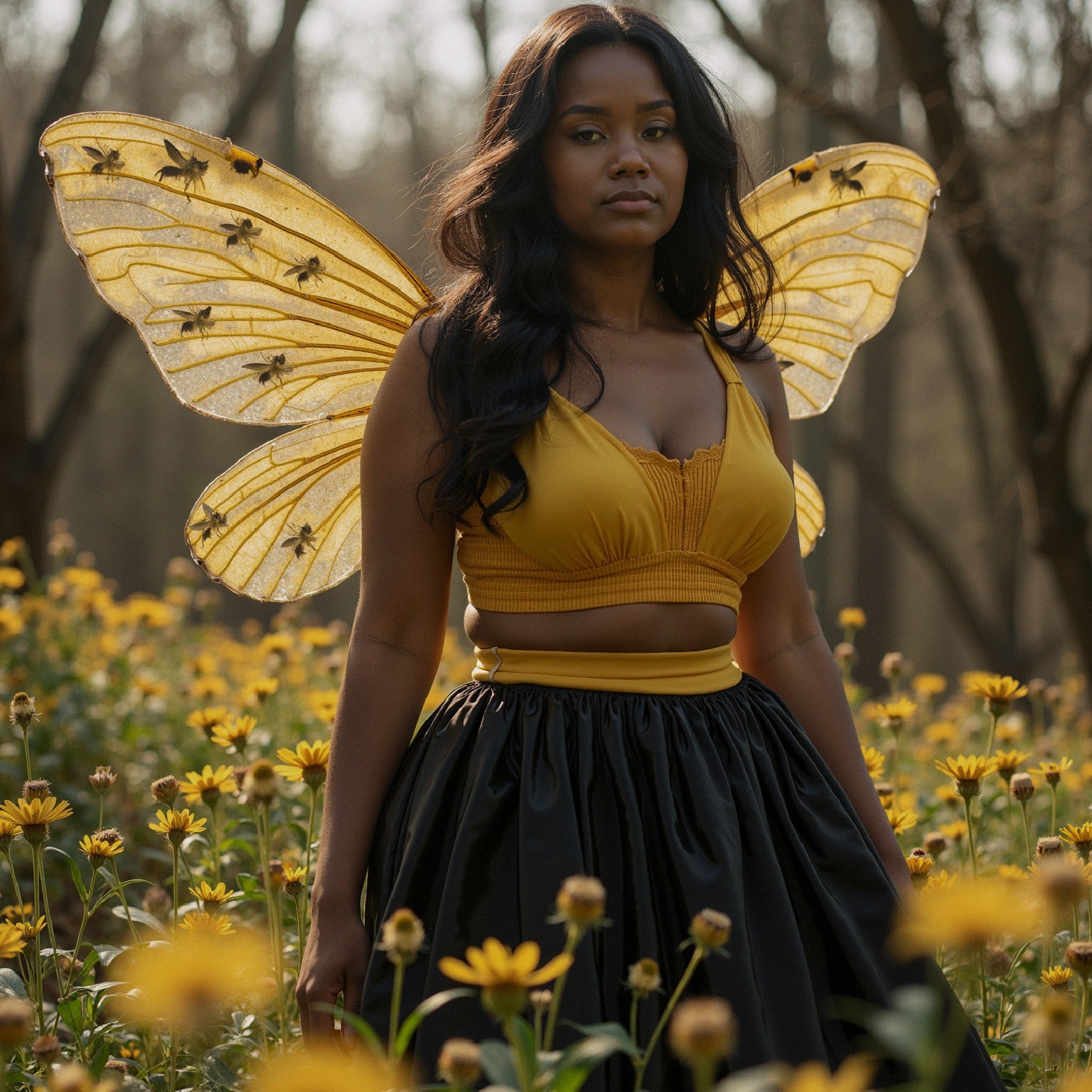 Woman in Meadow with Butterfly Wings and Flowers