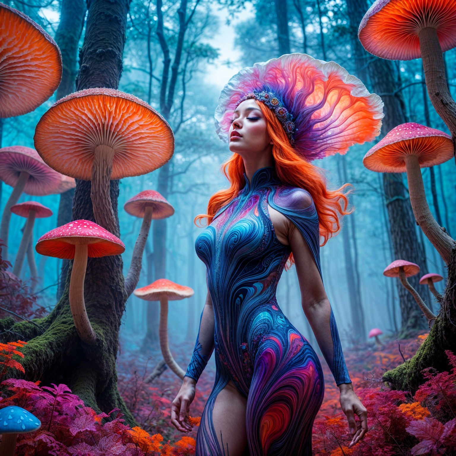 Surreal Forest with Vibrant Body Art and Glowing Mushrooms