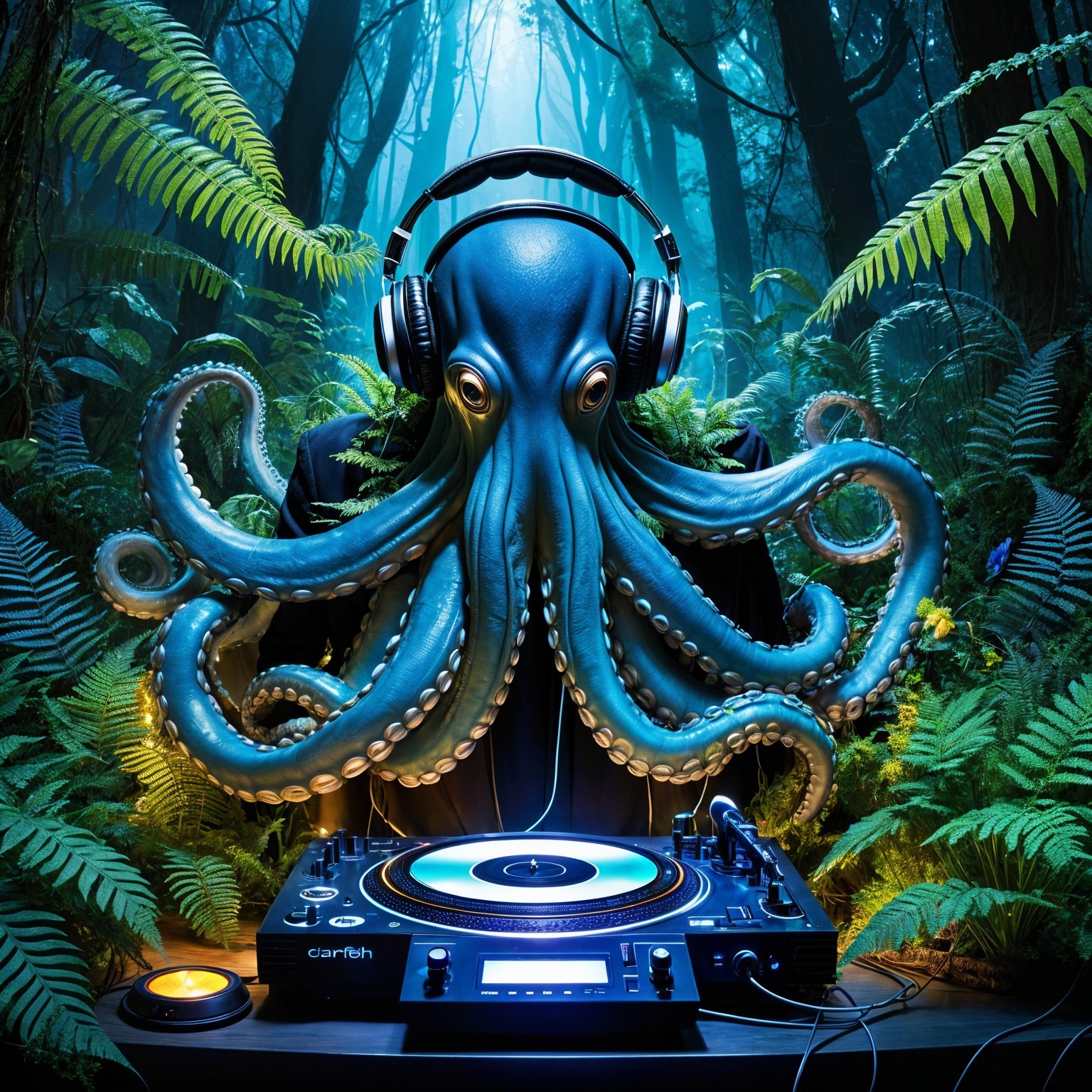 Octopus DJing in a Mystical Forest Setting
