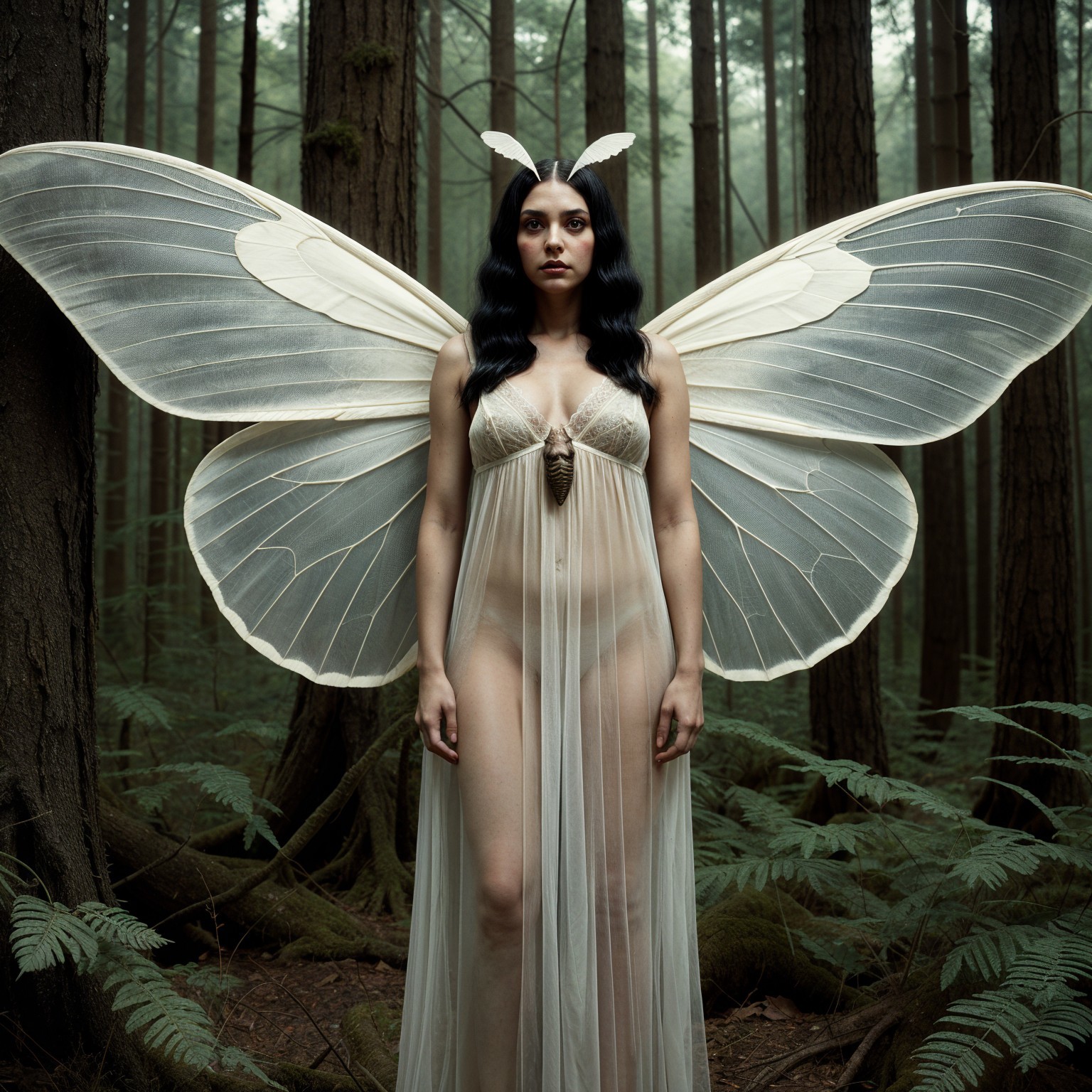 Ethereal Being with Butterfly Wings in Enchanted Forest