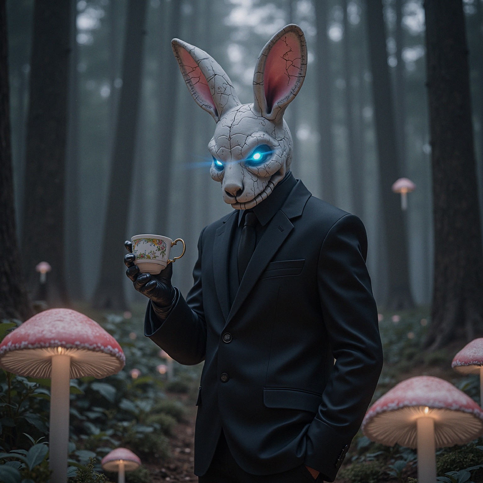 Mysterious Forest Scene with Rabbit Mask and Mushrooms