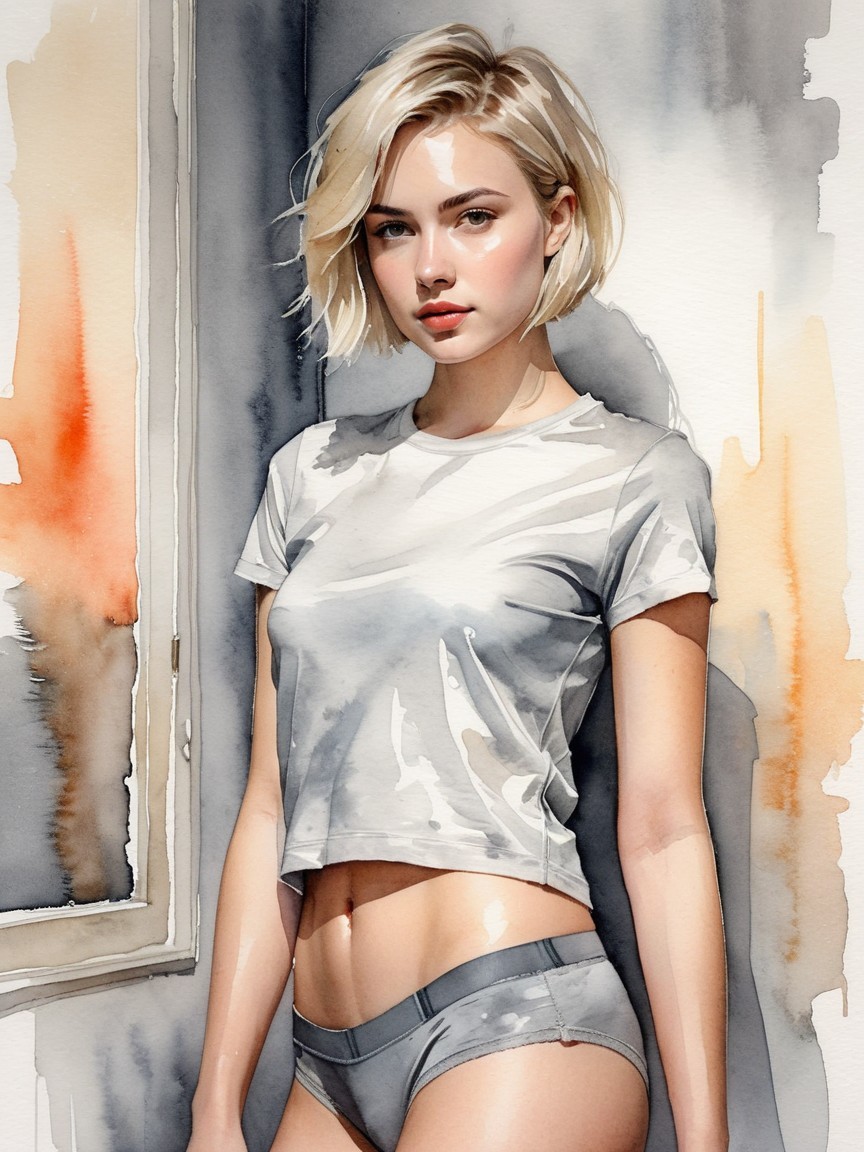 Young Woman in Gray Outfit with Watercolor Background