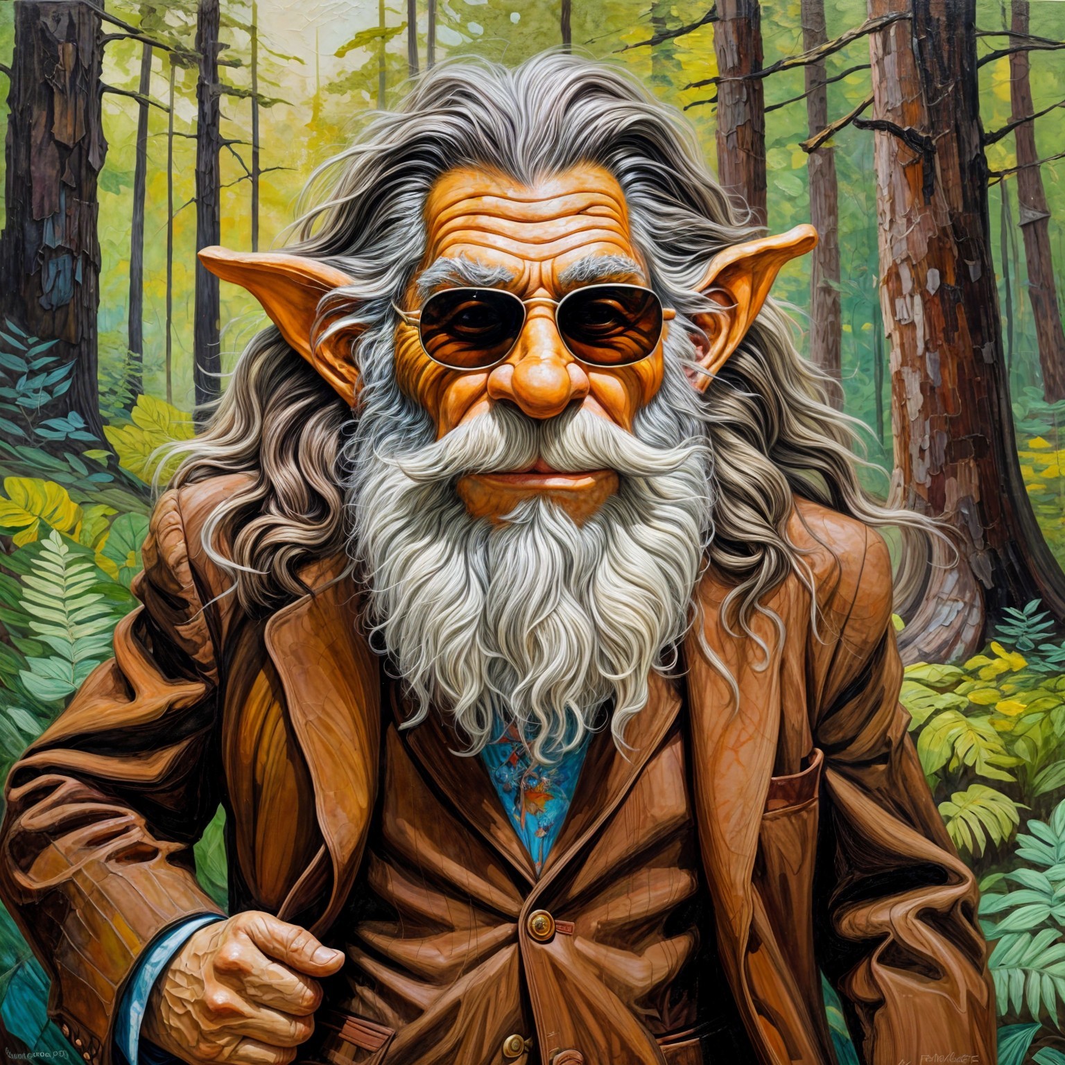 Whimsical character in a lush forest setting