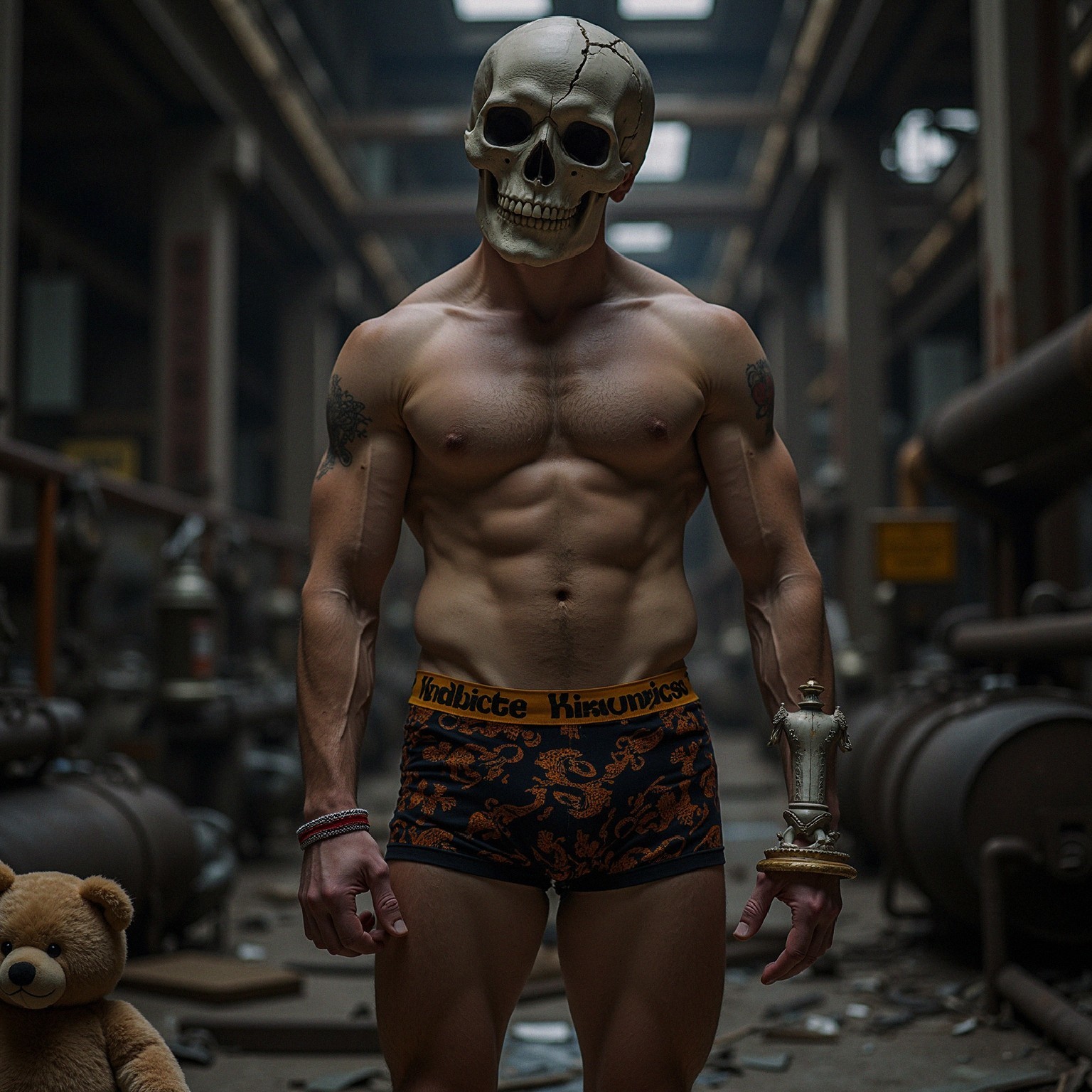 Surreal Industrial Scene with Skull Figure and Teddy Bear