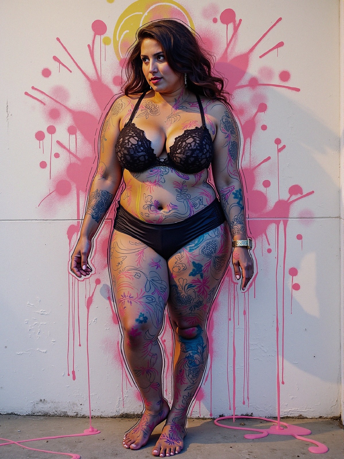 Confident Individual Posing with Vibrant Graffiti and Tattoos