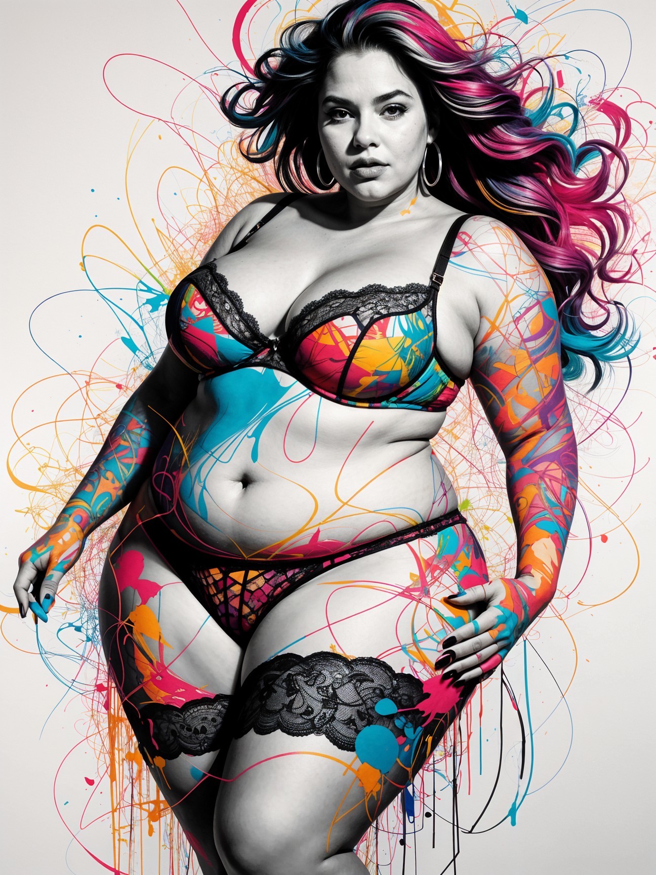 Plus-Size Model in Colorful Bra with Abstract Paint