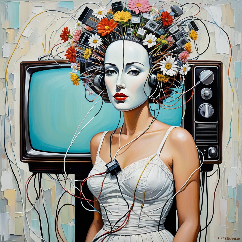 Woman with Floral Hair and Vintage Technology Elements