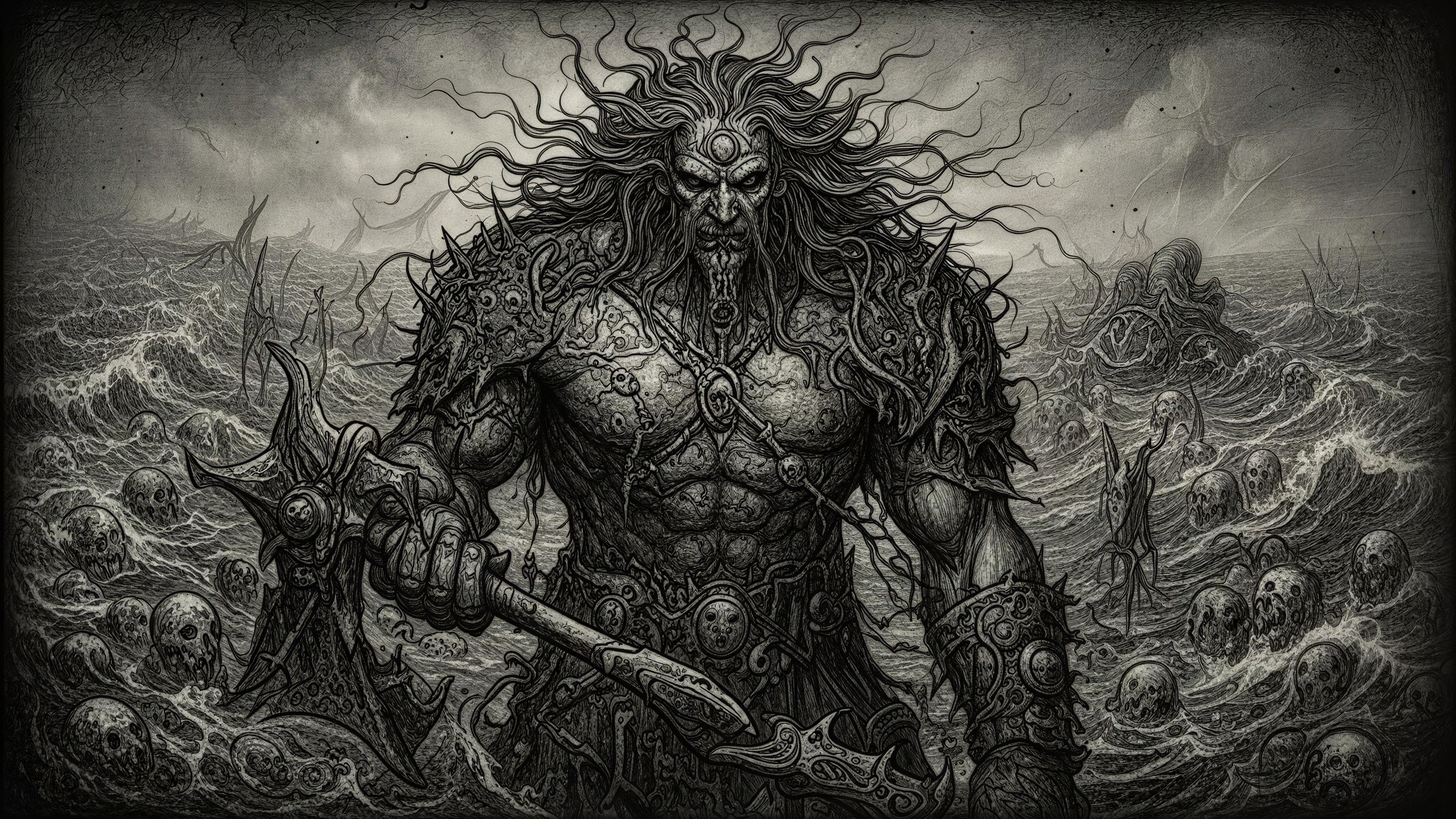 Charcoal Drawing of a Giant in a Stormy Sea