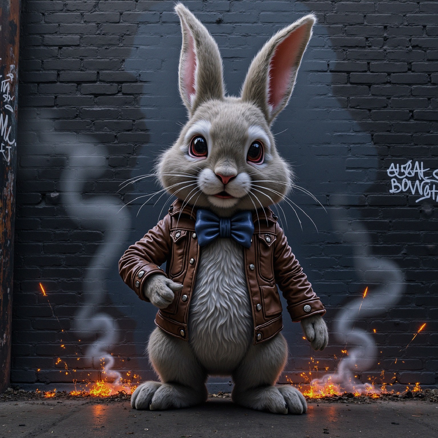 Cartoon Rabbit in Leather Jacket Against Brick Wall