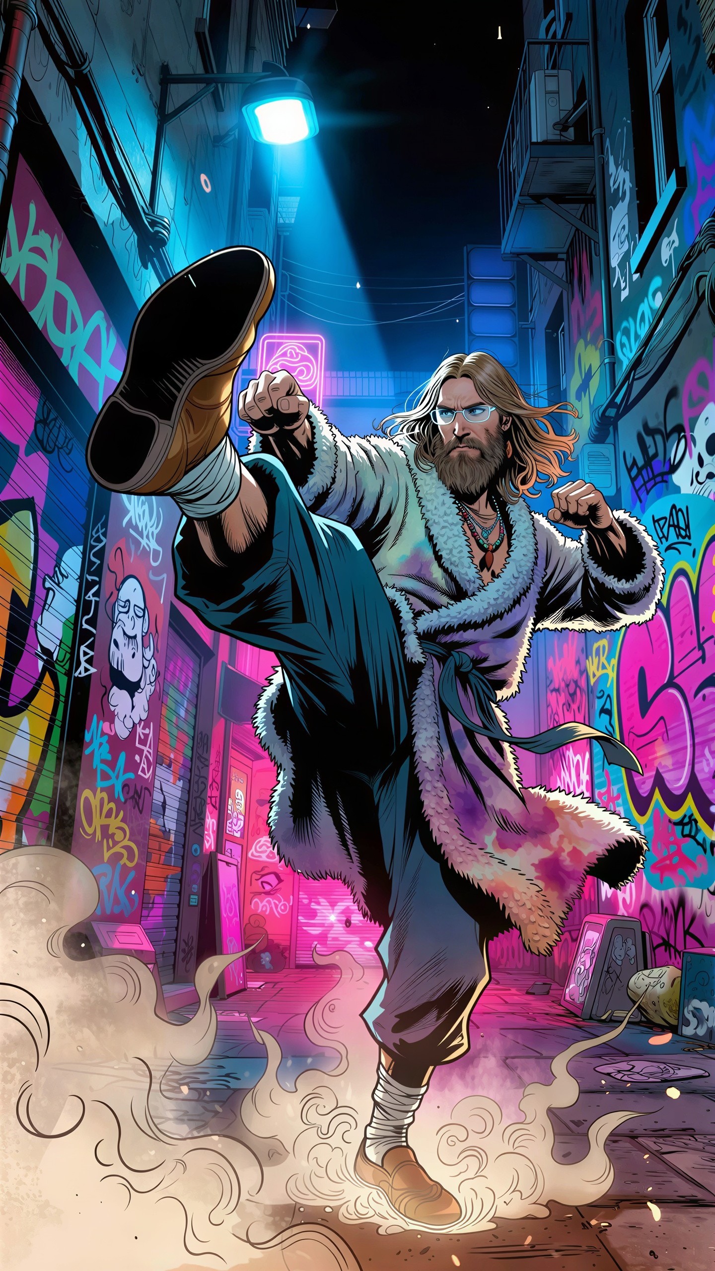 Jesus-like figure in bathrobe performing a high kick