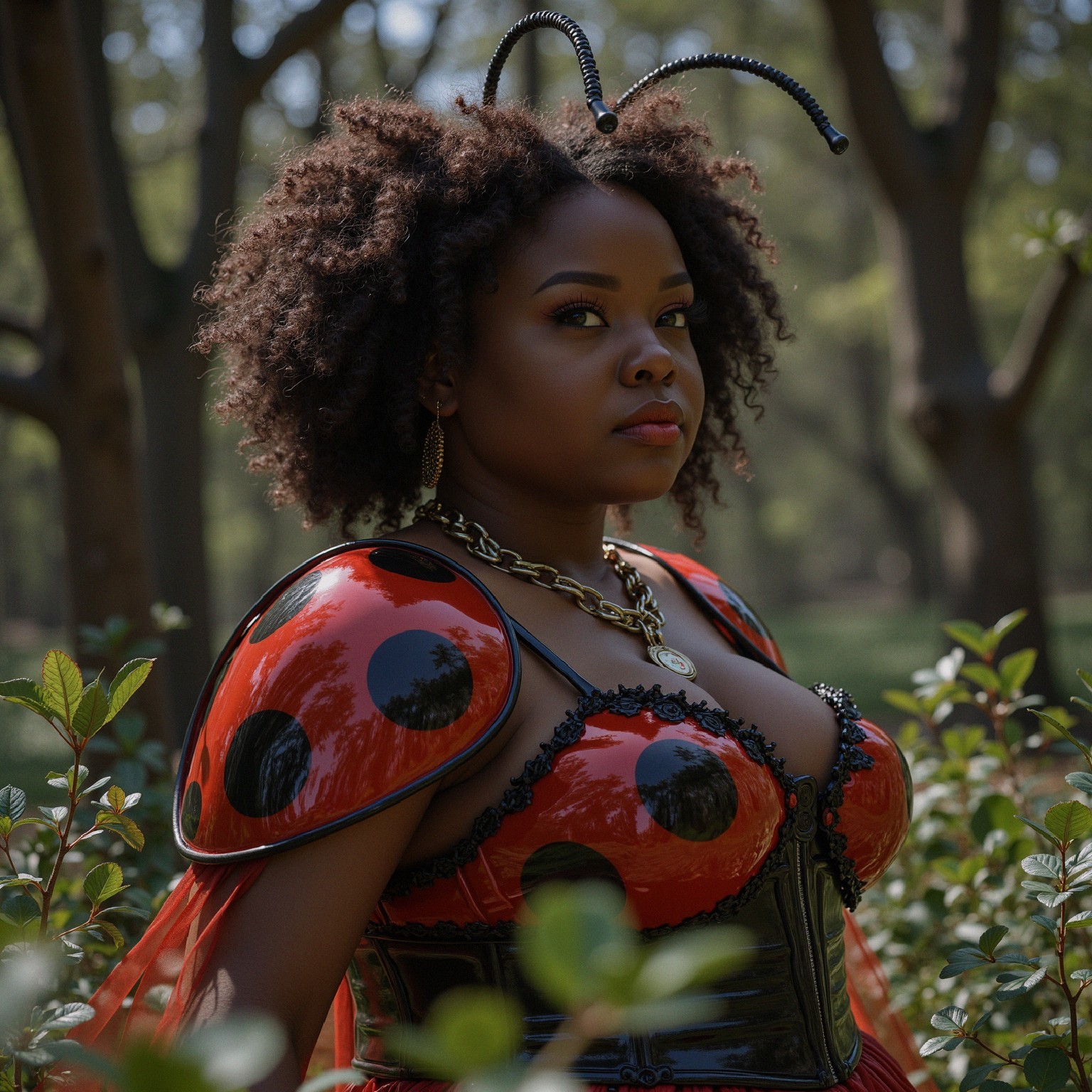 Confident Woman in Ladybug-Inspired Fashion Outfit