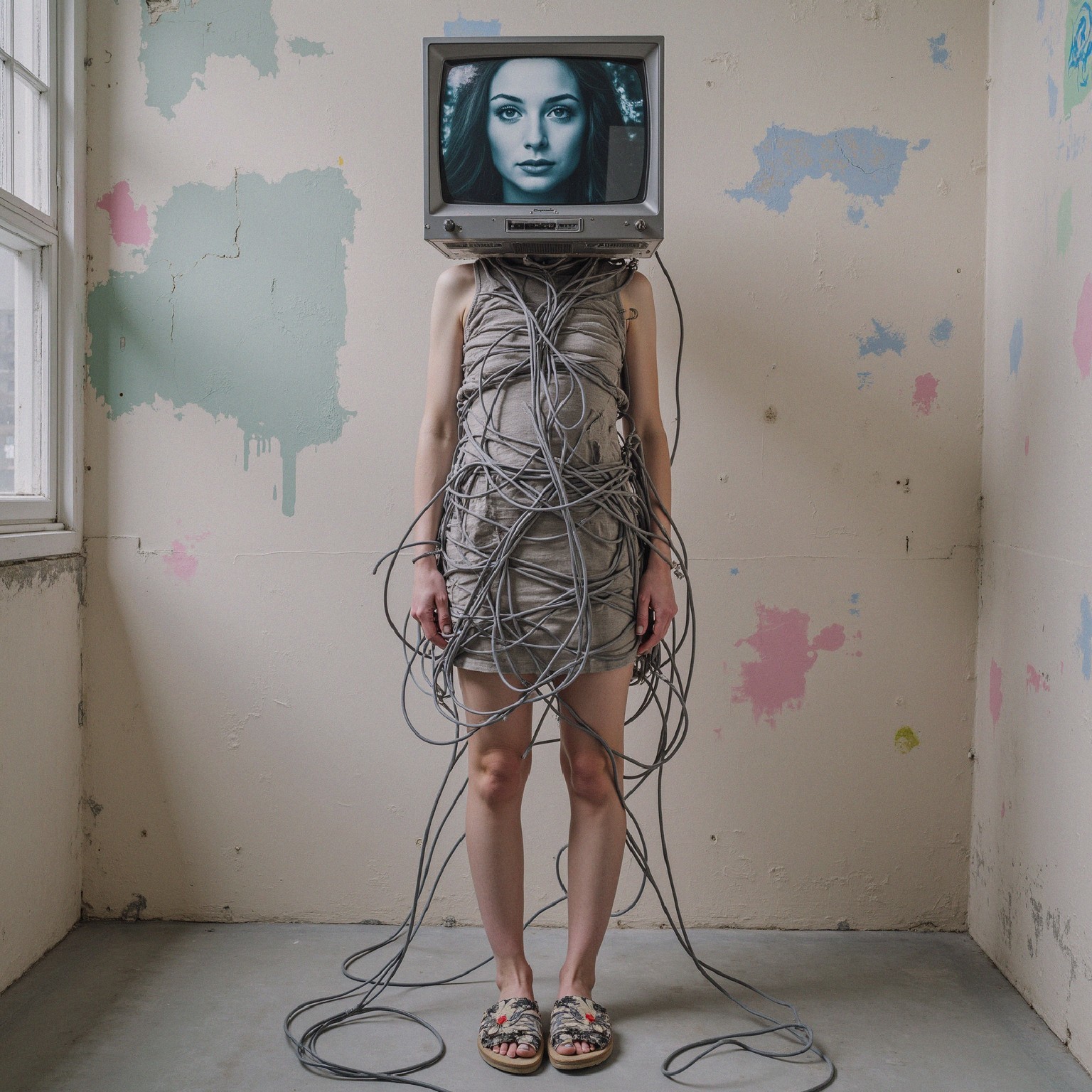 Surreal Figure with TV Head in Minimalist Room